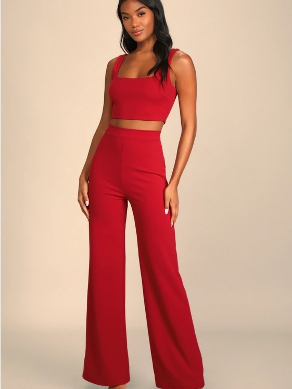 Women's Lulus Only Tonight Red Wide Leg Pants and Crop Top Set XL